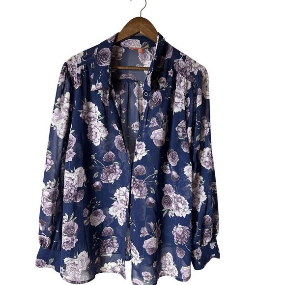 ModCloth Floral Long Sleeve Sheer Button Up Shirt Womens 3X Blouse Work Top Flaw - Picture 1 of 10